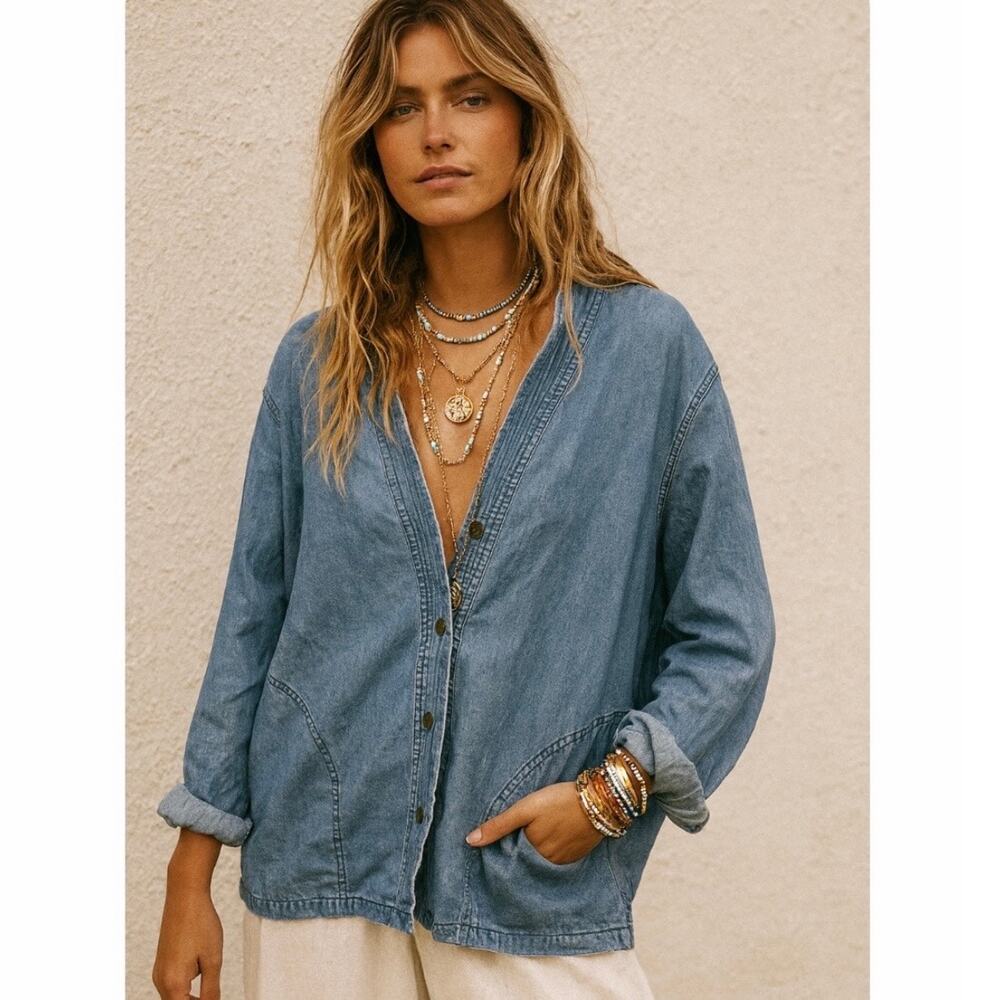Boho Coastal Grandma 100% Cotton Oversized Denim Lightweight Jacket